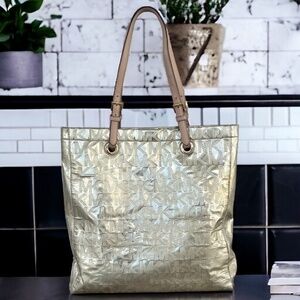 Michael Kors Metallic Gold Mirror Signature North South Jet Set Tote Bag